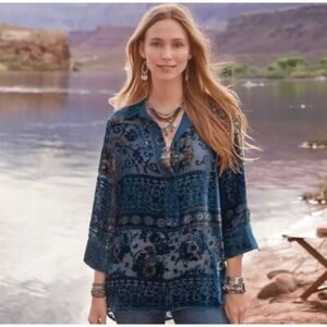 SUNDANCE MIDNIGHT HUE TOP XS VELVET BURNOUT SILK BLD SEMI SHEER BOHEMIAN FLORAL